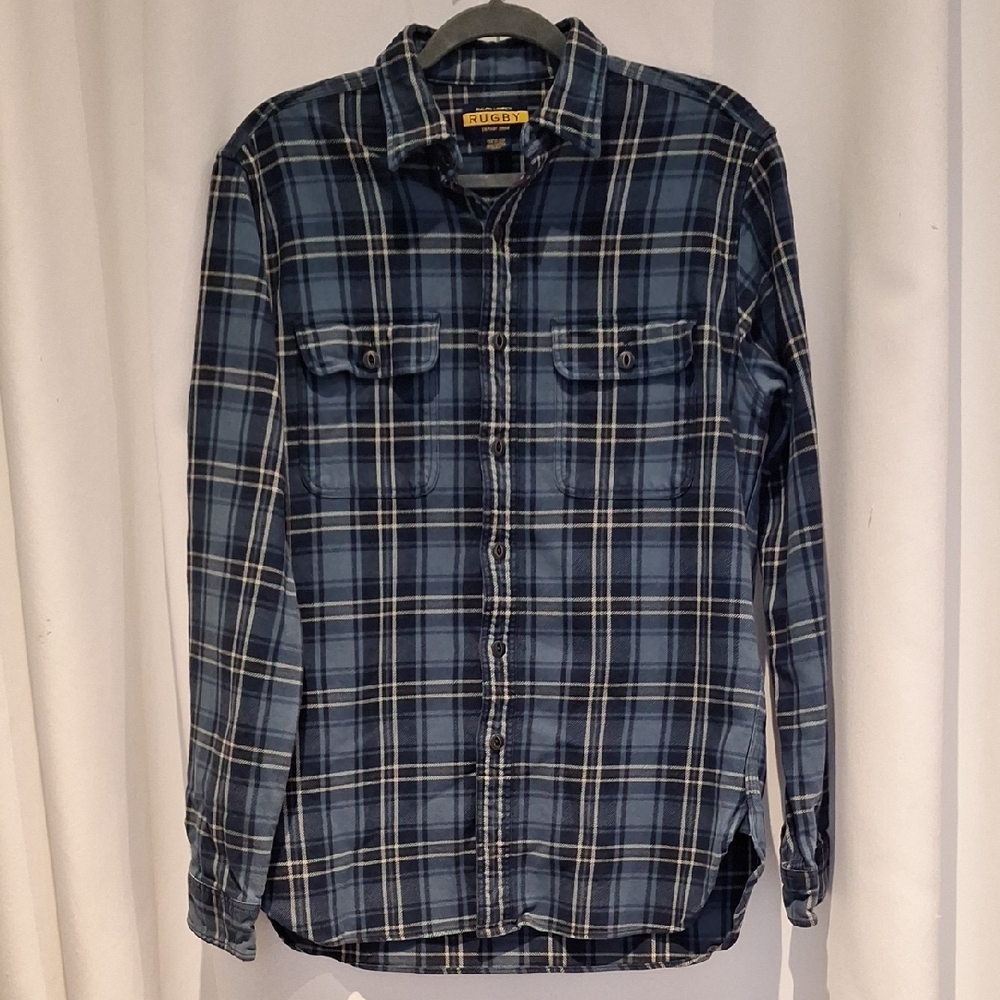 Vintage Ralph Lauren Rugby Blue Plaid Flannel Button-Up Shirt Size M